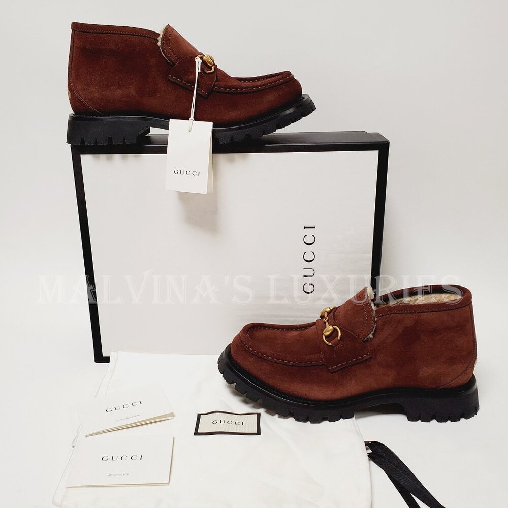 GUCCI BOOTS MENS SHEARLING LINED SUEDE HORSEBIT LOAFER SHOES BEE - Picture 3 of 16